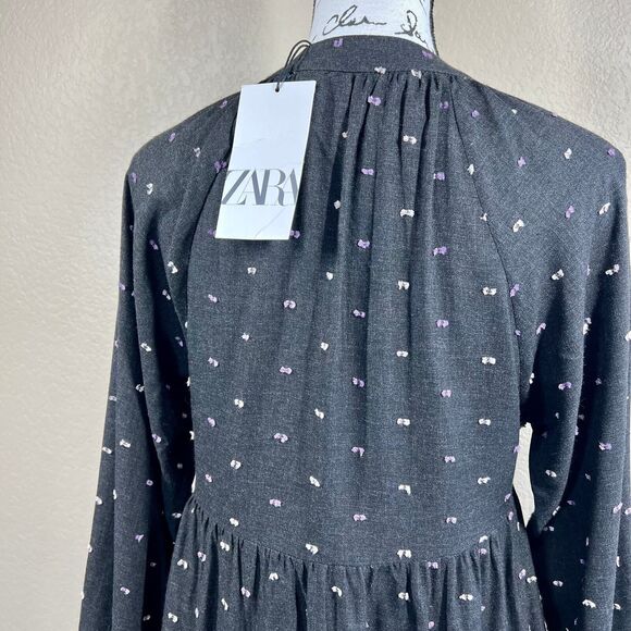 ZARA Womens Charcoal Gray Purple Embroidered Polka Dot Mini Dress S cottagecore - Picture 10 of 16